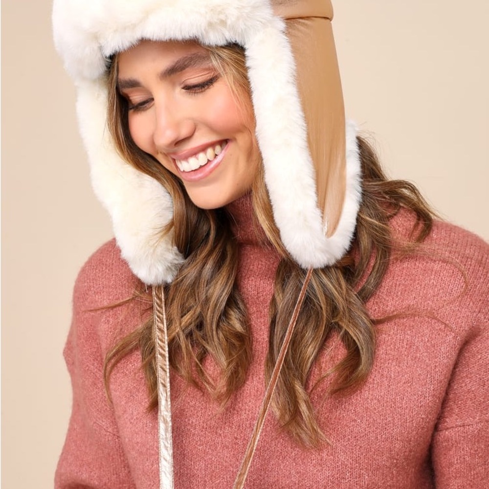 Lulus NWT Wowing All Winter Shiny Rose Gold Trapper Hat
